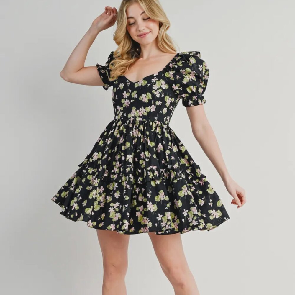 Floral Print Puff Sleeved Ruffle Babydoll Dress - Black